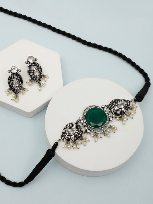 VIVAZS Silver-Plated Green Oxidised Jewellery Set