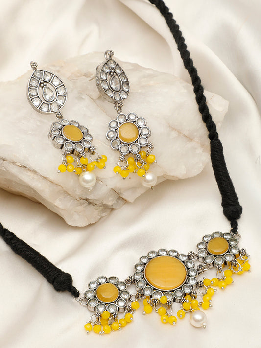 VIVAZS Silver-Plated Yellow Oxidised Jewellery Set