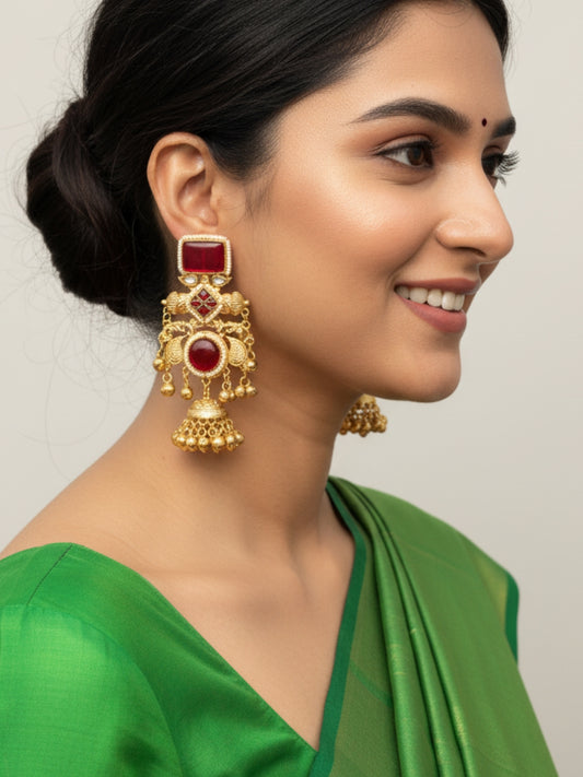 VIVAZS Kashmiri Drop Earrings Jhumkas (Red)