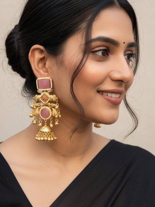 VIVAZS Kashmiri Drop Earrings Jhumkas (Pink)