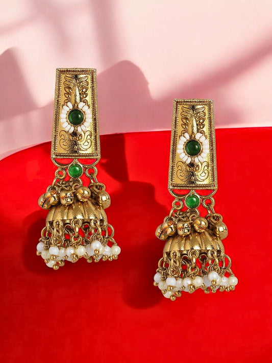 VIVAZS Gold-Plated Green Kundan Studded Contemporary Jhumkas Earrings