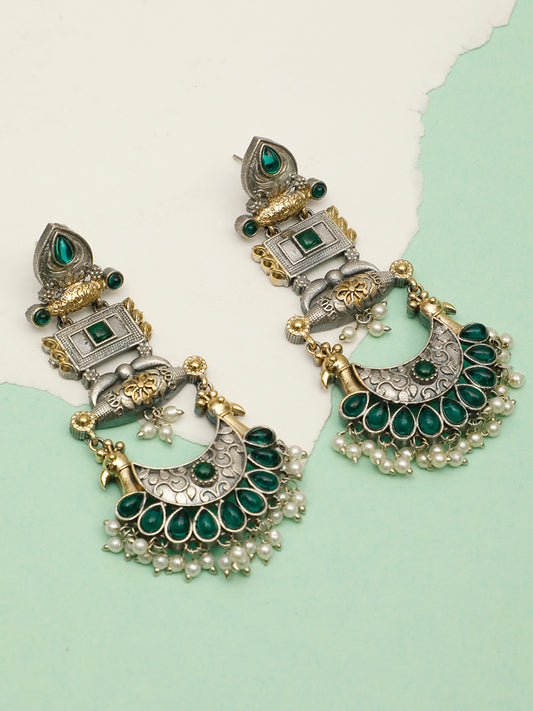 VIVAZS Oxidised Silver-Plated Dual Tone Gold and Green Stone Peacock Chandbali Earrings