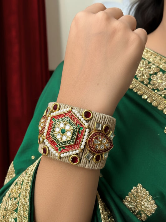 VIVAZS Golden ,Green and Red Kundan Adjustable Jute Bracelet