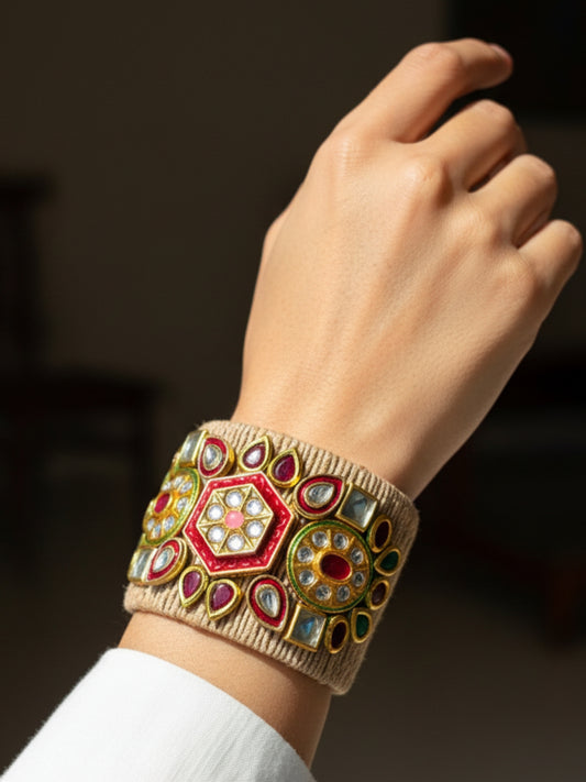 VIVAZS Golden ,Green and Red Kundan Adjustable Jute Bracelet