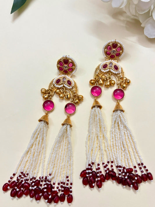 VIVAZS Kashmiri Drop Earrings with pearls (Pink)