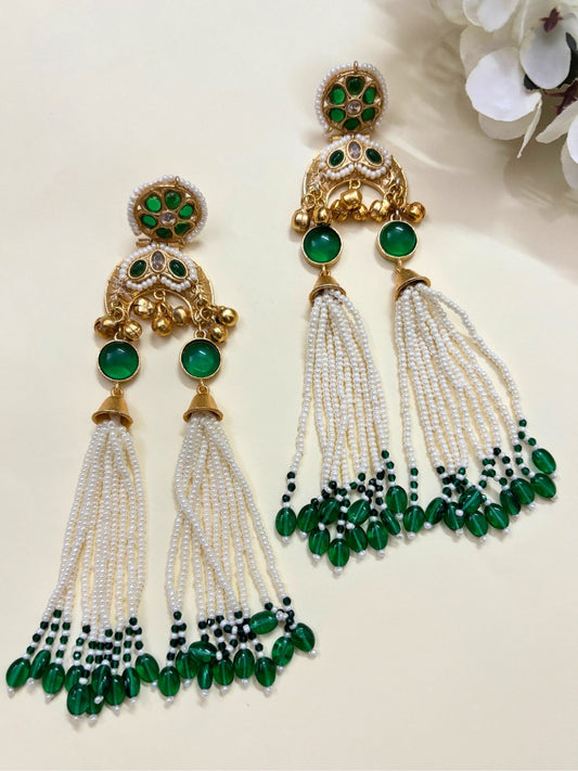 VIVAZS Kashmiri Drop Earrings with pearls (Green)