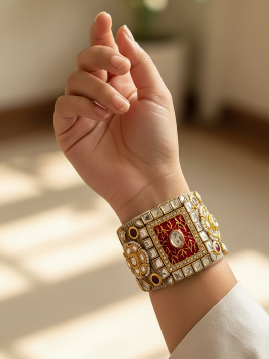 VIVAZS Golden and Red Kundan Adjustable Jute Bracelet