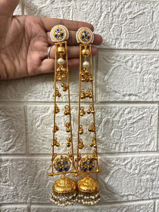 VIVAZS Gold Plated Kashmiri Long Drop Earrings(Blue and White)