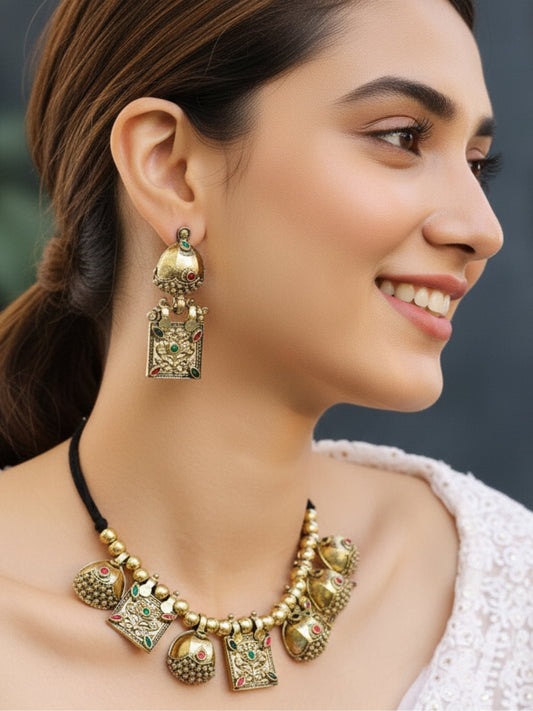 VIVAZS Gold Plated Oxidised Choker Necklace and Earrings(Golden)