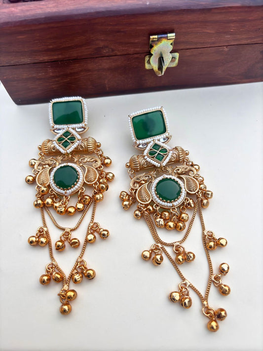 VIVAZS Kashmiri Long Drop Earrings (Green)