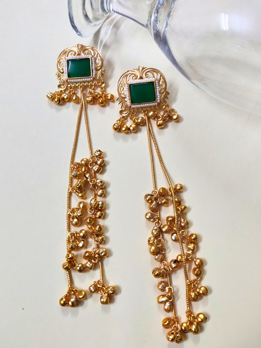 VIVAZS Gold Plated Kashmiri Long Drop Earrings (Green)