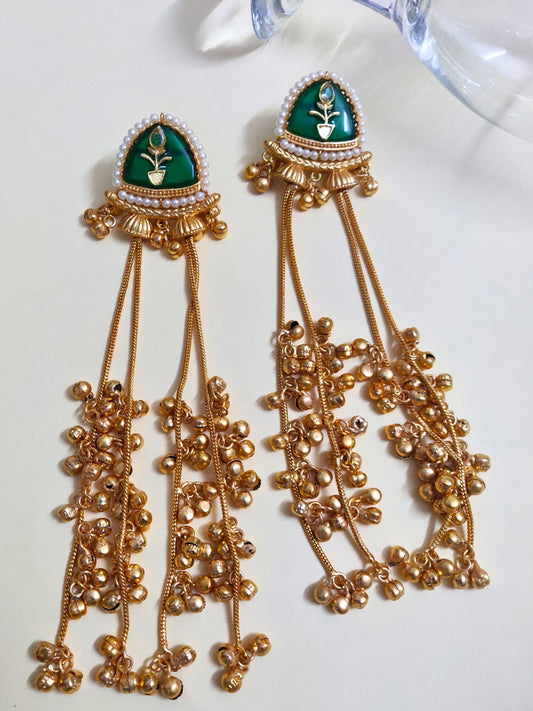 VIVAZS Gold Plated Kashmiri Long Drop Earrings(Green)