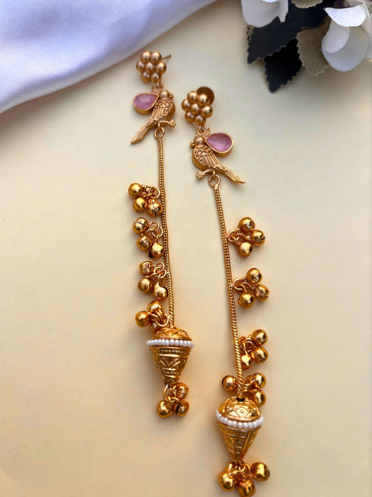 VIVAZS Gold Plated Kashmiri Long Drop Earrings (PINK)