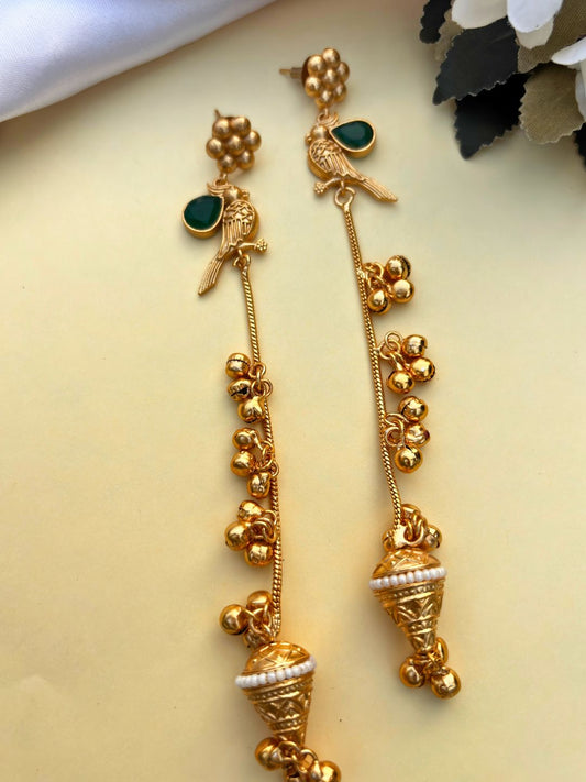 VIVAZS Gold Plated Kashmiri Long Drop Earrings (GREEN)