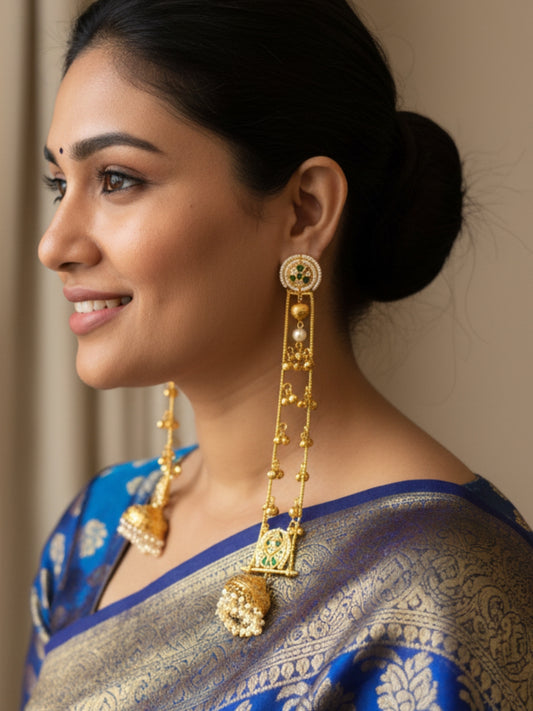 VIVAZS Gold Plated Kashmiri Long Drop Earrings(Green and White)