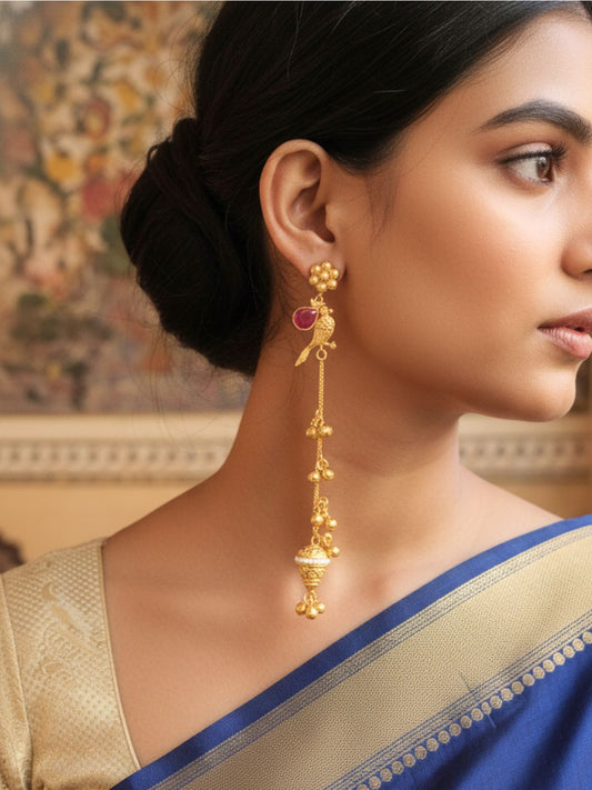 VIVAZS Gold Plated Kashmiri Long Drop Earrings (Red)
