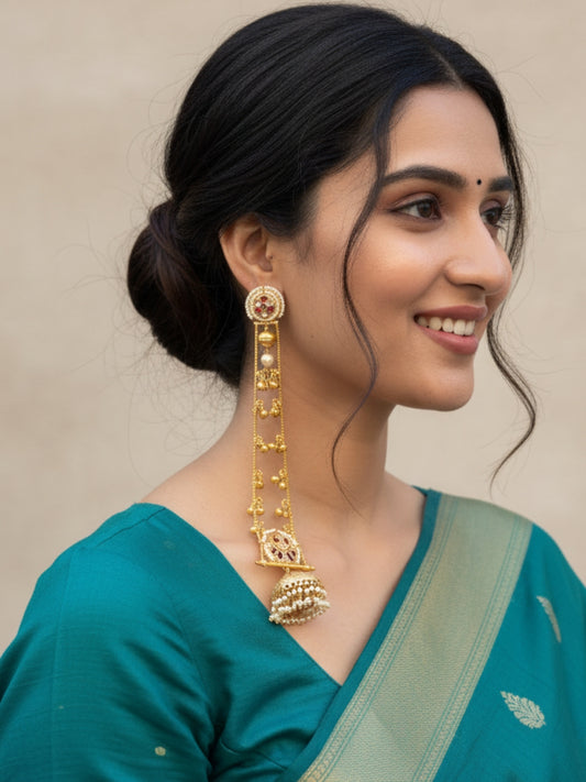 VIVAZS Gold Plated Kashmiri Long Drop Earrings(Pink and White)