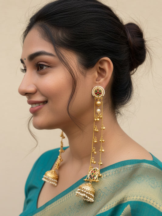 VIVAZS Gold Plated Kashmiri Long Drop Earrings(Pink and Green)