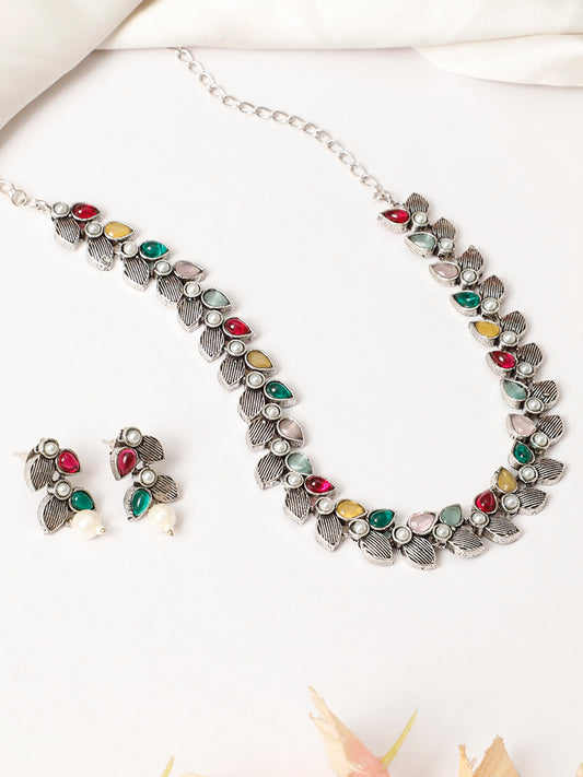 VIVAZS Silver Plated Oxidised Choker Necklace Set