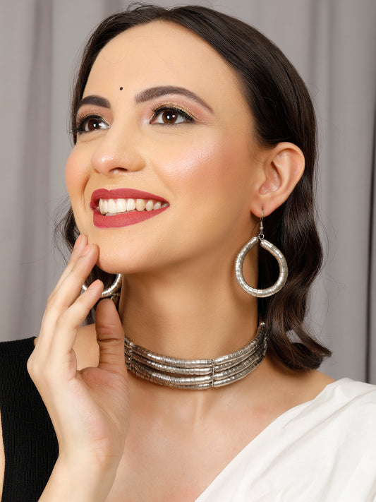 VIVAZS Spiral Choker Necklace Set (Silver)