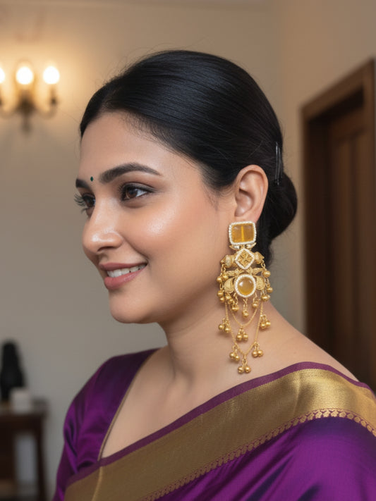 VIVAZS Kashmiri Long Drop Earrings (Yellow)