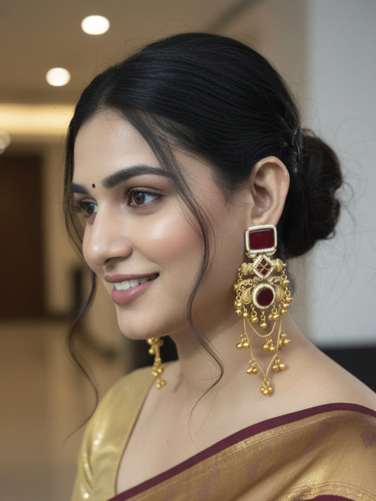 VIVAZS Kashmiri Long Drop Earrings (Red)