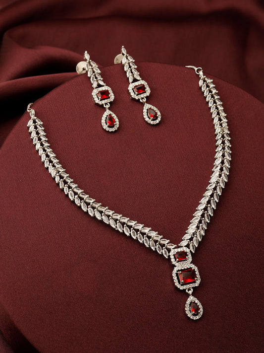 Rhodium-Plated Ruby Red AD & Cubic Zirconia Studded Necklace Set