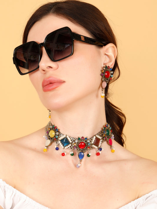 VIVAZS Stylish Oxidised Silver Choker with Monalisa Stone Jewellery Set