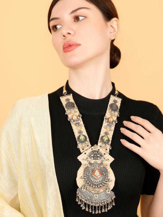 VIVAZS German Silver Brass-Plated Oxidised Jute Necklace