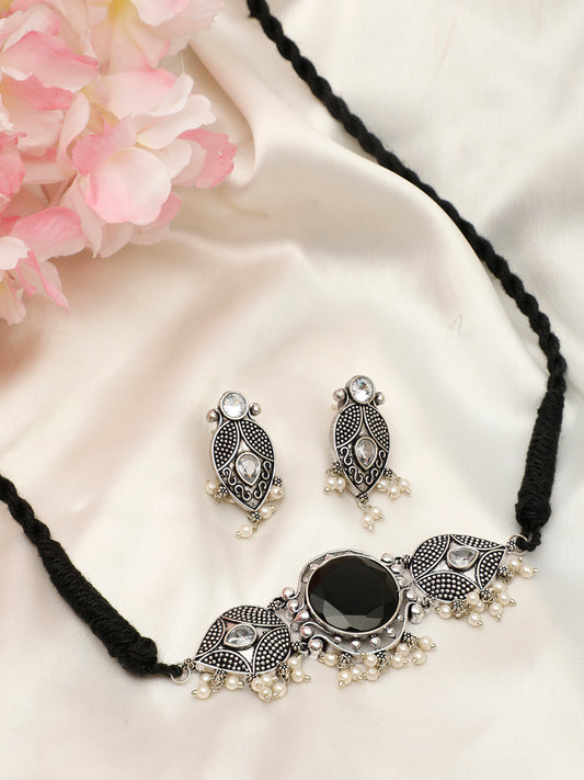 VIVAZS Silver-Plated Black Oxidised Jewellery Set