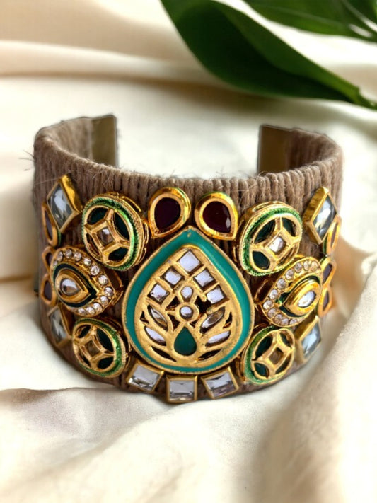 VIVAZS Golden and Green Kundan Adjustable Jute Bracelet