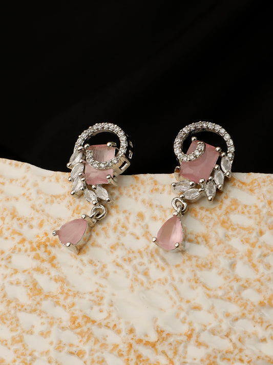 VIVAZS Silver-Plated American Diamond Pink Studded Teardrop Shaped Drop Earrings