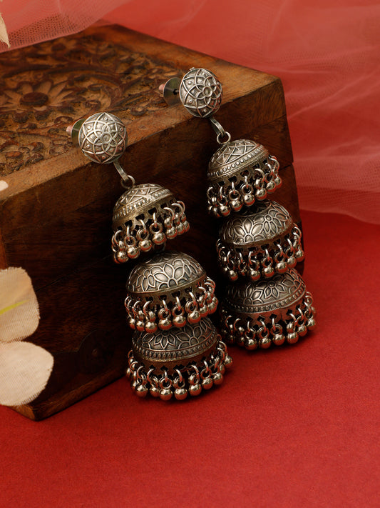VIVAZS Silver-Plated Dome Shaped Oxidized Jhumkas Earrings