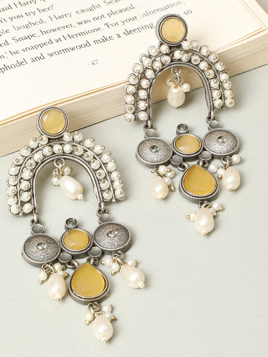 VIVAZS Silver-Plated Contemporary Stone Studded & Beaded Oxidised Drop Earrings