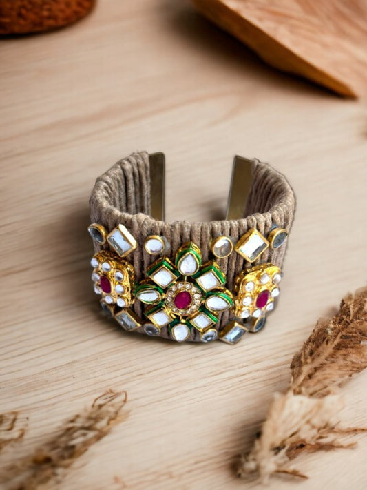 VIVAZS Golden and Red Kundan Adjustable Jute Bracelet