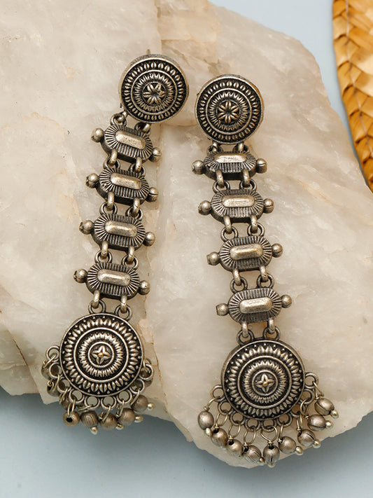 VIVAZS Silver-Plated Oxidised Contemporary Drop Earrings