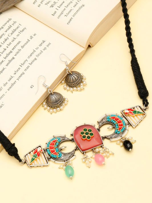 VIVAZS Silver-Plated Pink Oxidised Jewellery Set