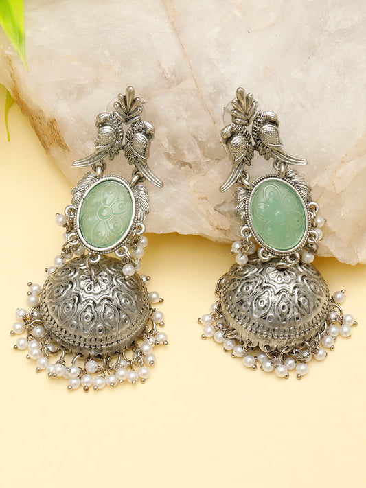 VIVAZS Oxidised Silver Plated Peacock Shaped Mint Jhumkas Earrings