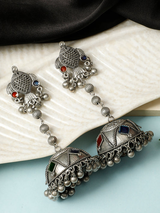 VIVAZS Silver-Plated Stone Studded Dome Shaped Jhumkas