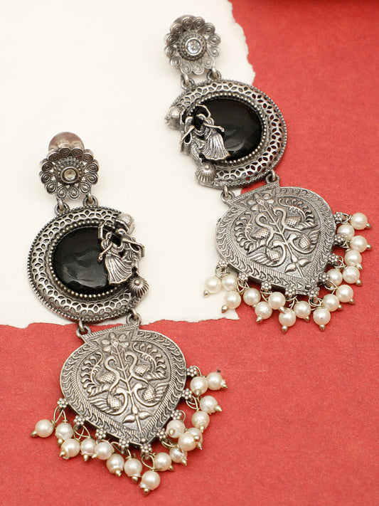 VIVAZS Oxidised Silver-Plated Silver Black Chandbali Earrings