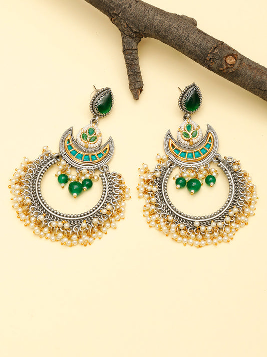 VIVAZS Silver-Plated Traditional Chandbali Earrings with Emerald & Golden Bead