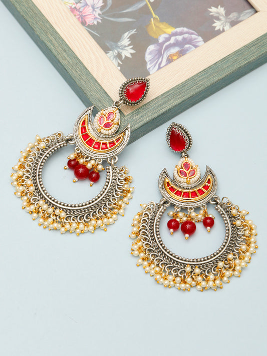 VIVAZS Silver-Plated Traditional Chandbali Earrings with Ruby & Golden Bead