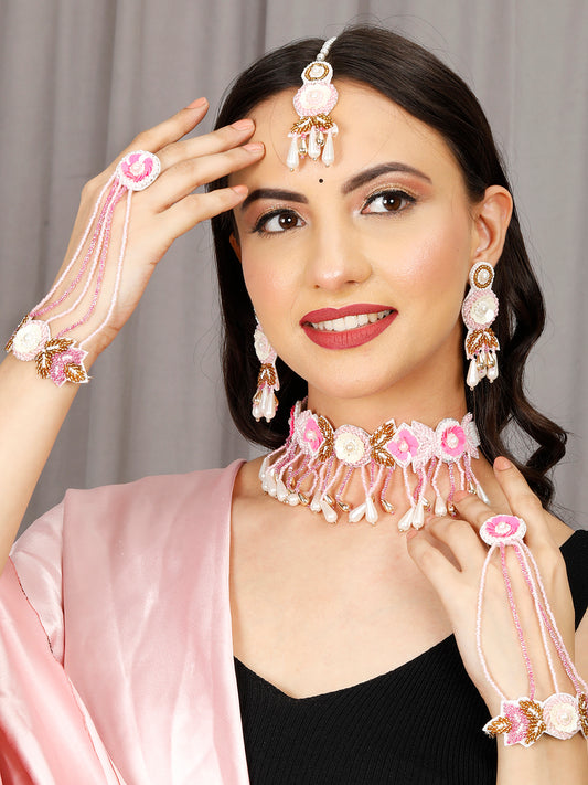 VIVAZS Wedding Beaded Floral Necklace Set With Maangtika ,Earrings and Hathphool