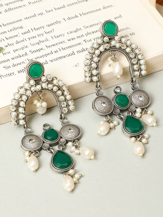 VIVAZS Silver-Plated Oxidised Stone Studded & Beaded Drop Earrings