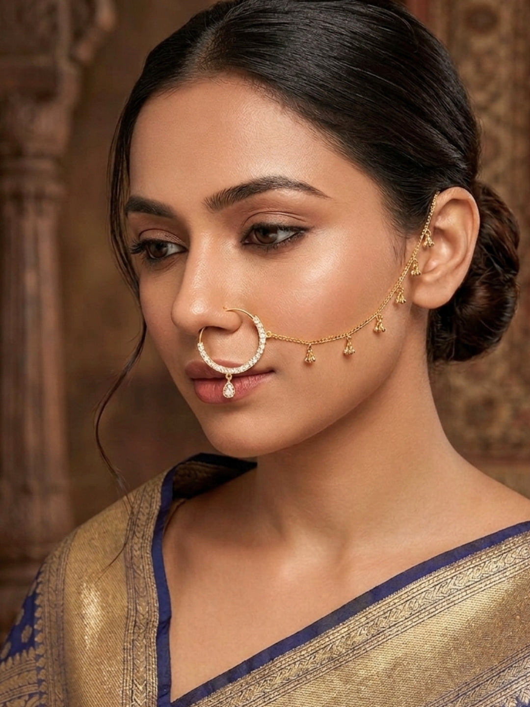 Gold-Plated AD and Cubic Zirconia  chained Adjustable Nosepin Chain (Nath)