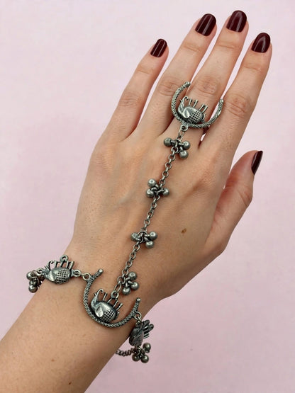 Oxidised Silver-Plated Elephant Haath Phool Hand Harness Bracelet