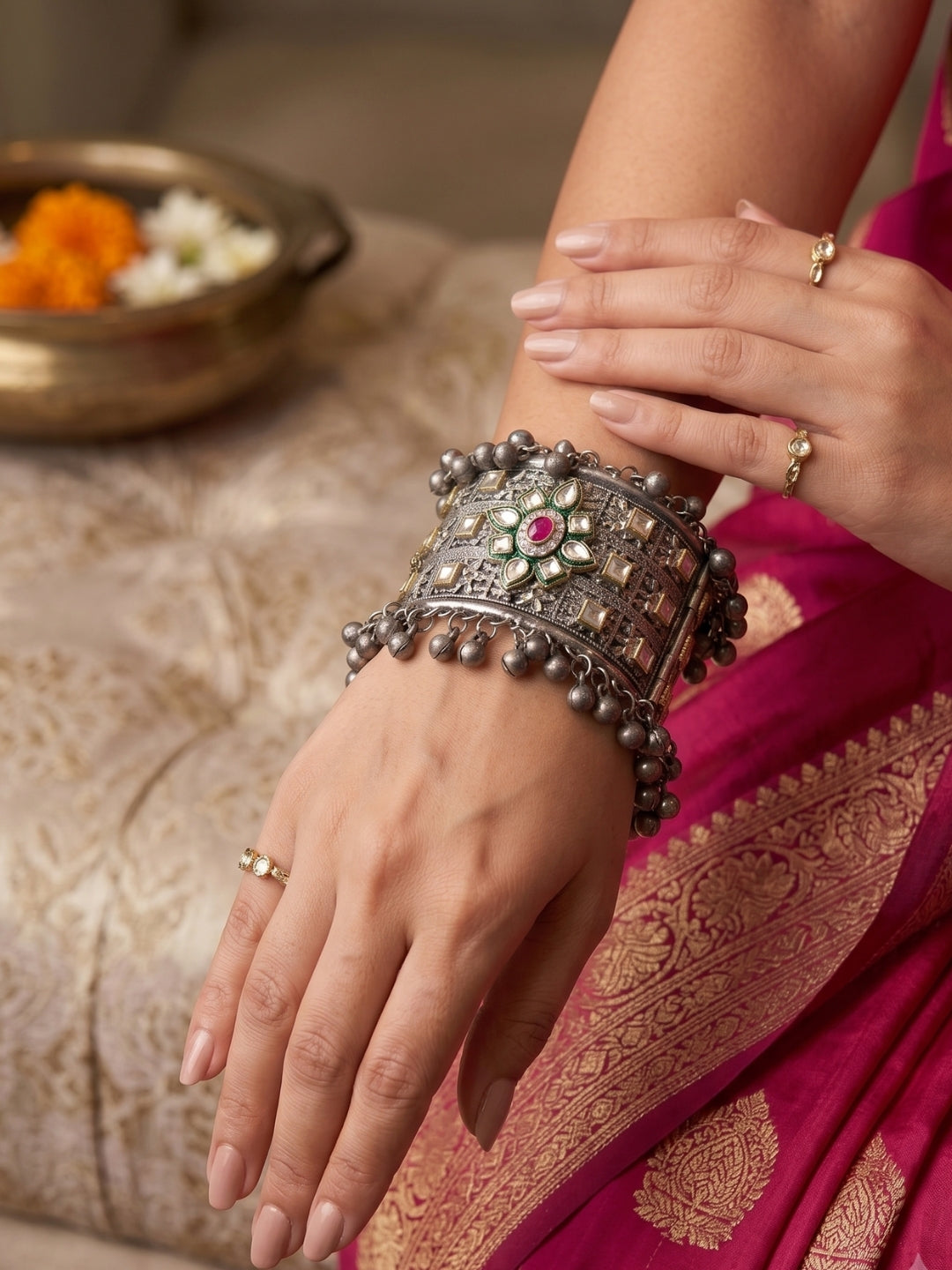 Silver-Plated Oxidised Kundan Meenakari Ghungroo Kada Bangle Bracelet