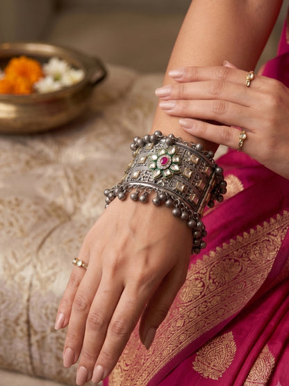 Silver-Plated Oxidised Kundan Meenakari Ghungroo Kada Bangle Bracelet