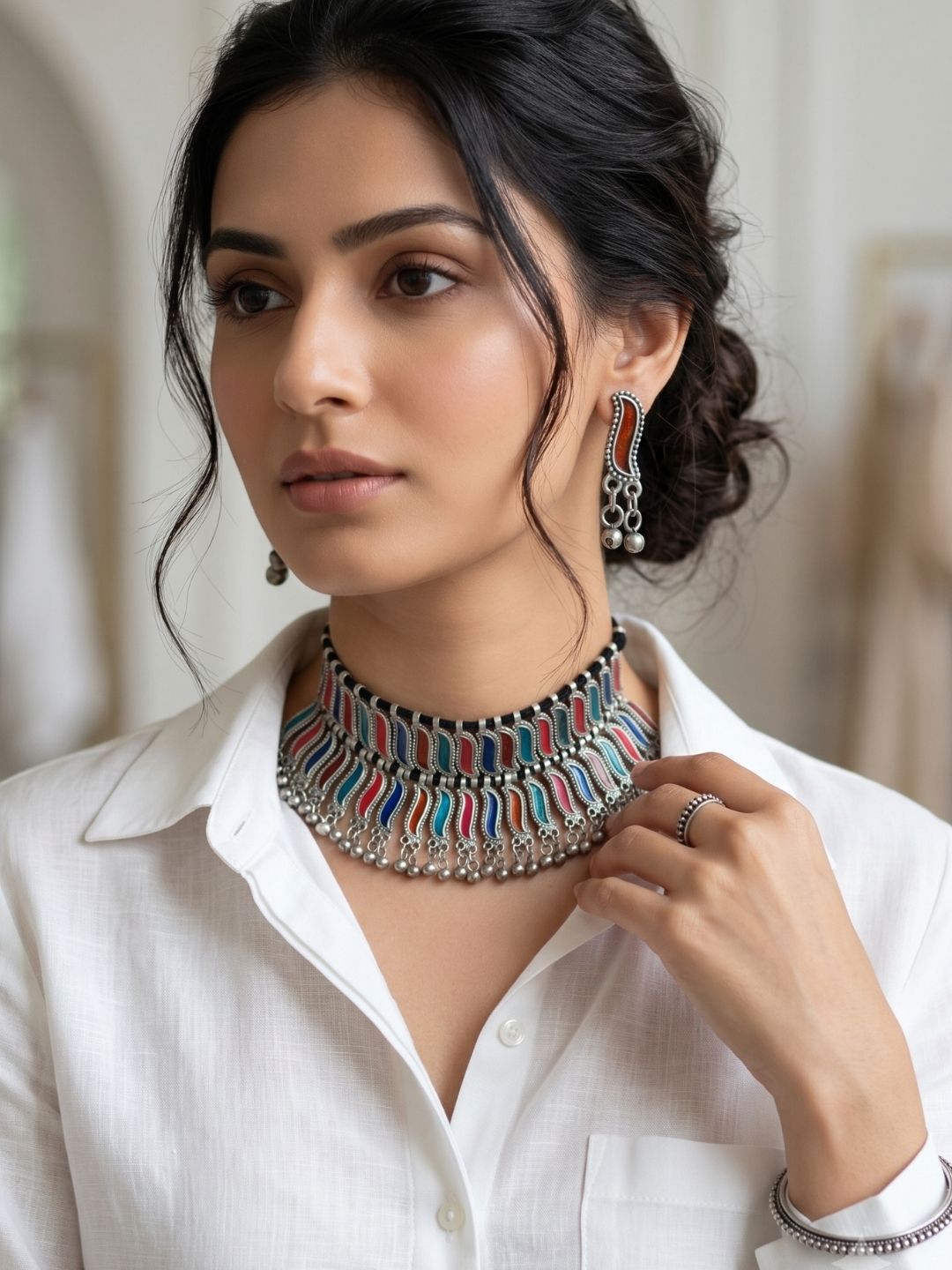 Oxidised Silver-Toned Multicolour Enamelled Statement Necklace Set