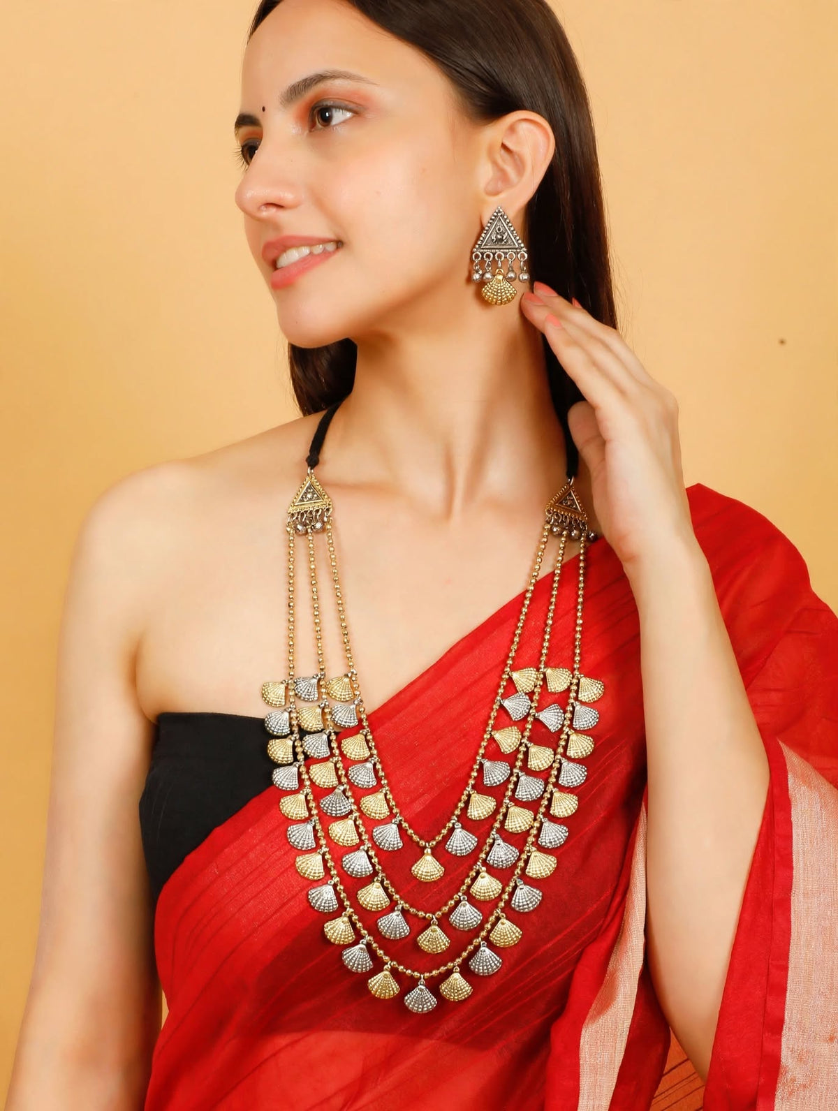 Oxidised Silver Plated Dual-Toned Antique Layered Shell Charm Long Necklace Jewellery Set